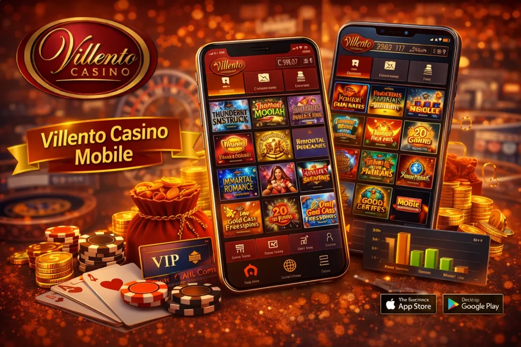 Villento Casino mobile app interface on iOS and Android devices with slots, games, and account features in red and gold theme