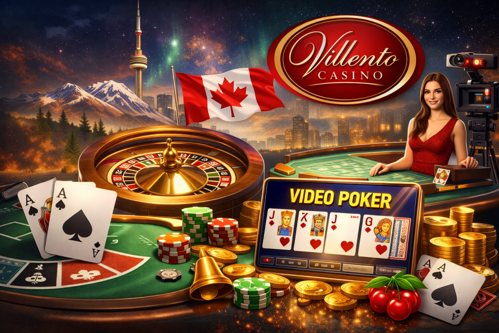Villento Casino games section featuring table games, live dealer casino, video poker, roulette, blackjack, and Canadian-themed visuals.
