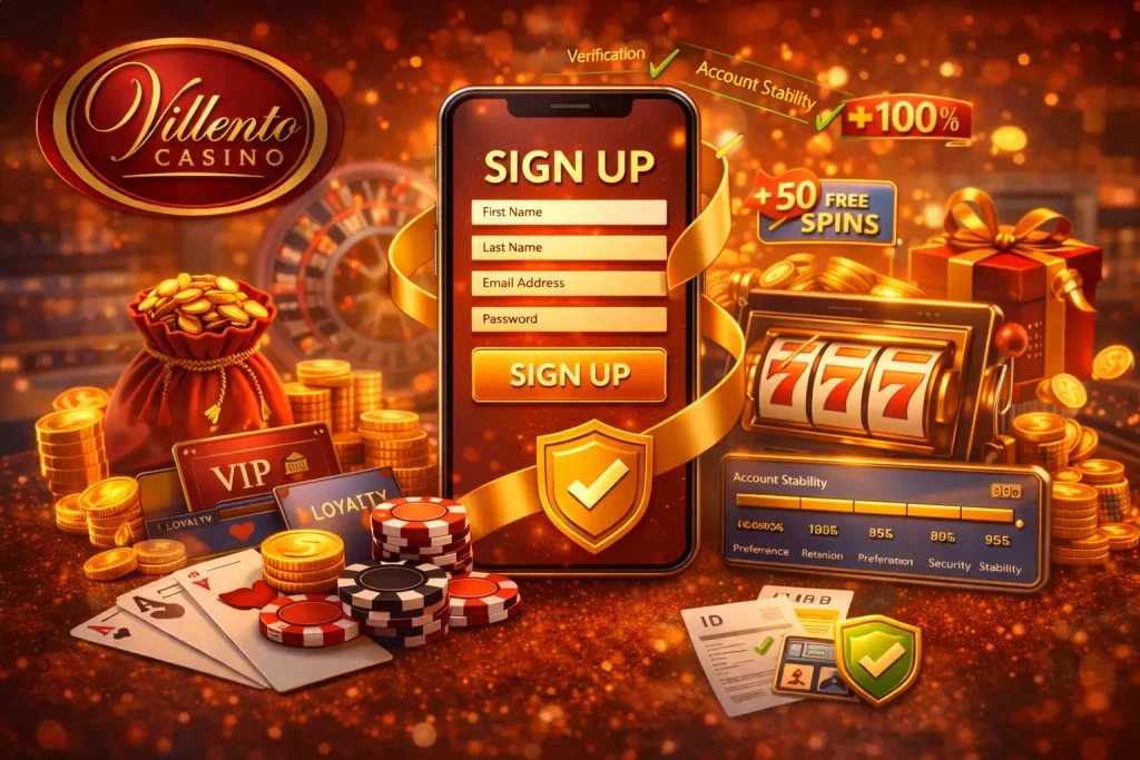 Villento Casino sign up page illustration with secure registration form, bonuses, and account verification elements in red and gold theme