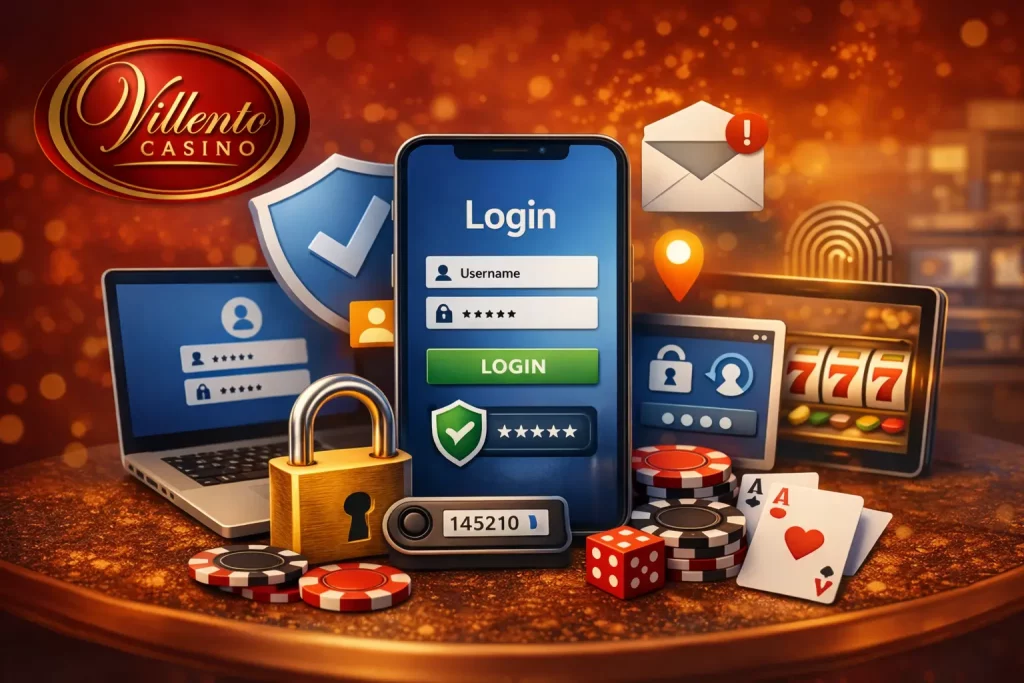 Villento Casino login page illustration with secure account access on mobile and desktop, red and gold brand colors