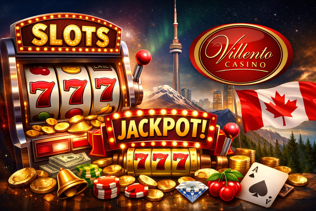 Villento Casino Slots page banner showing classic slot machines, jackpot symbols, gold coins, and Canadian elements highlighting slot games available for players in Canada.