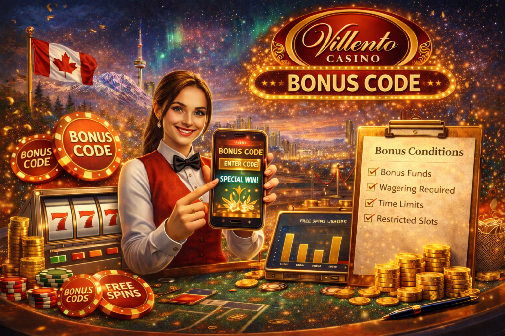 Villento Casino bonus code promotion showing mobile login screen, free spins, slot machine 777 and bonus conditions for Canadian players