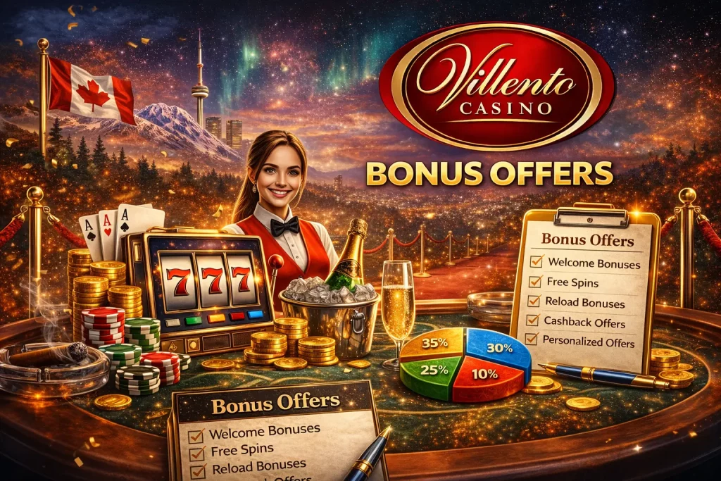 Villento Casino bonus offers banner with welcome bonuses, free spins, reload offers and loyalty rewards for Canadian players