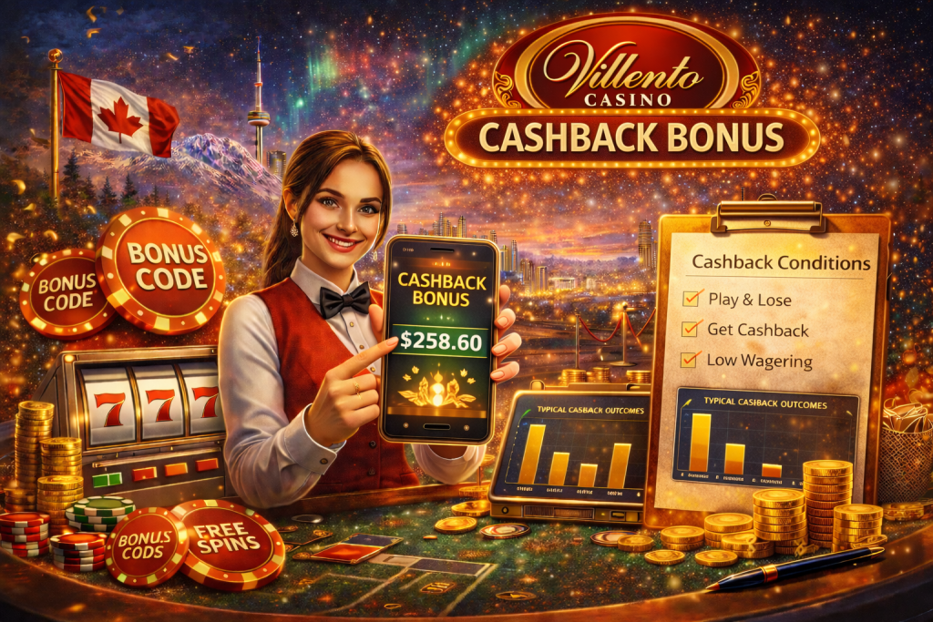 Villento Casino cashback bonus for Canadian players showing mobile cashback balance, slot machine, bonus conditions checklist and casino rewards