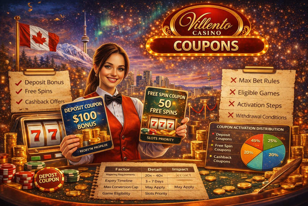 Villento Casino coupons page banner featuring deposit coupon, free spins coupon, cashback offer details, and Canadian-themed casino background