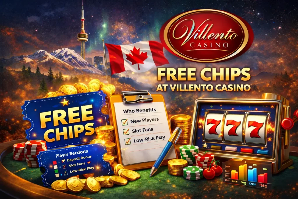 Villento Casino free chips for Canadian players with slot games, bonus conversion rules, wagering limits, and low-risk gameplay illustration.