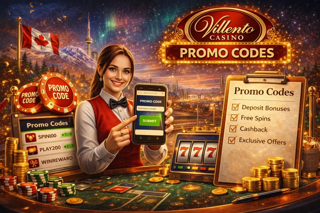 Villento Casino promo codes for Canadian players with deposit bonuses, free spins and cashback offers displayed on mobile and desktop