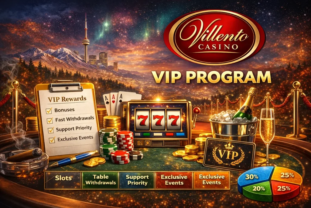 Villento Casino VIP Program showcasing exclusive rewards, fast withdrawals, priority support and premium casino benefits for Canadian players