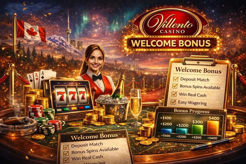 Villento Casino welcome bonus for Canadian players with deposit match, bonus spins and real cash rewards