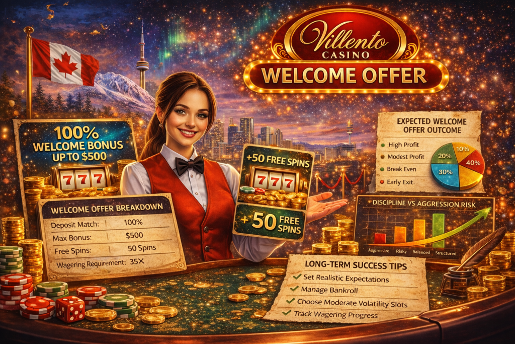 Villento Casino Welcome Offer banner featuring 100% deposit match bonus, 50 free spins, Canadian skyline background, gold coins and promotional details