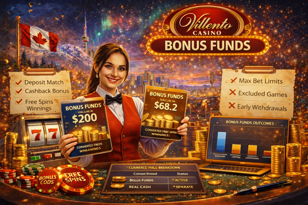 Villento Casino bonus funds promotion for Canadian players showing deposit match, cashback bonus and free spins converted to bonus balance