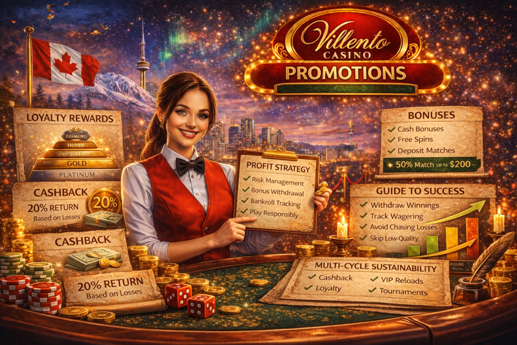 Villento Casino promotions banner featuring loyalty rewards, cashback offers, bonus match details, and VIP benefits with Canadian theme and golden casino elements.