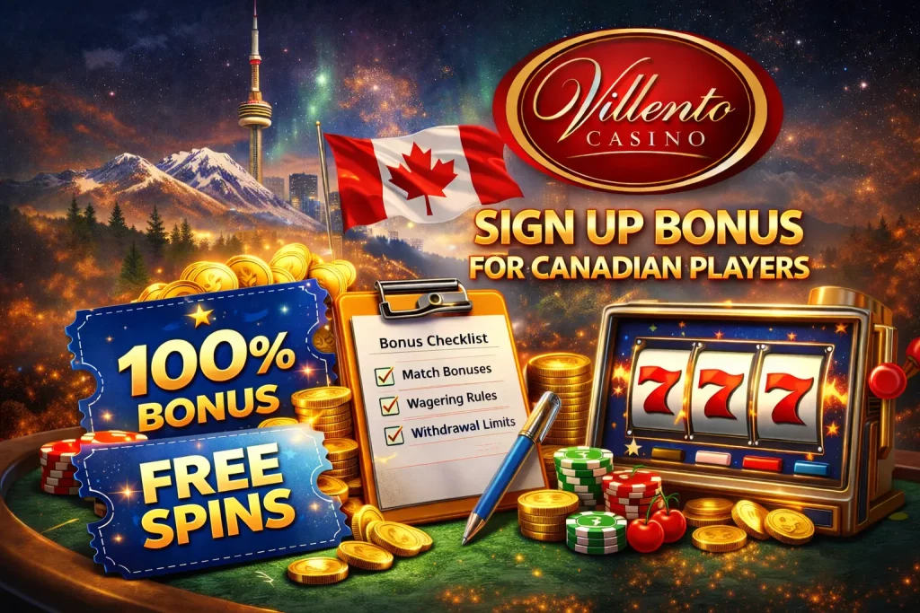 Villento Casino sign up bonus for Canadian players with deposit match, free spins, slot games, and clear wagering conditions.