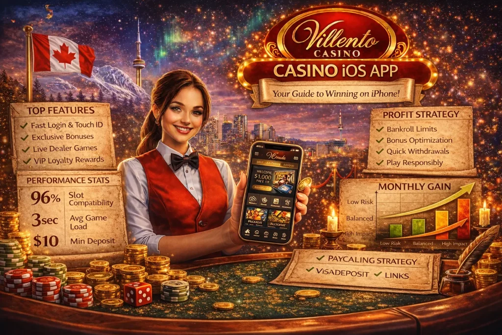 Villento Casino iOS app banner showing mobile casino interface on iPhone, Canadian skyline background, bonus highlights, VIP rewards and secure mobile gaming features.