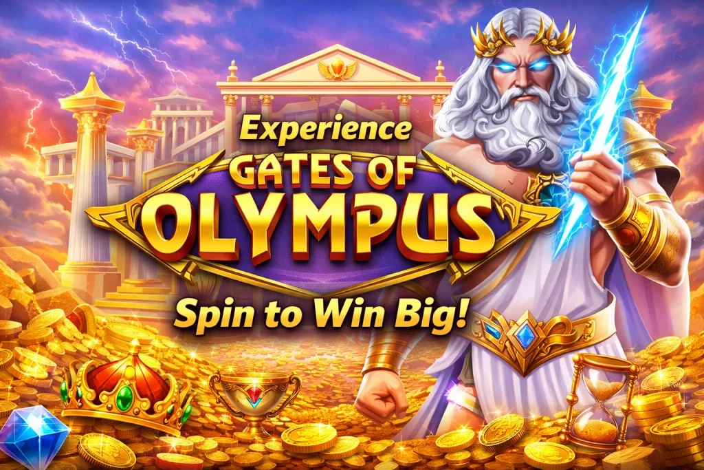 Promotional banner for Gates of Olympus slot featuring Zeus holding a lightning bolt against a backdrop of Mount Olympus. The scene includes gold coins, crowns, jewels, and the text 'Experience Gates of Olympus – Spin to Win Big!