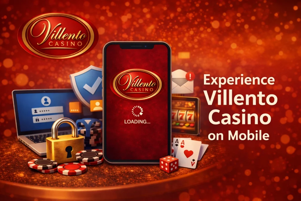 Villento Casino mobile app loading screen with the logo, security icons, and casino imagery including poker chips, dice, and a slot machine. Message reads 'Experience Villento Casino on Mobile.'